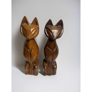 Hand-Carved Wooden Siamese Cat Sculptures Carved Figure - Set Of 2